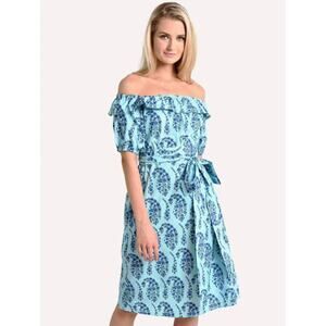 MDS Stripes Amy Dress Off-the-Shoulder Blue Floral Midi Dress Size 2